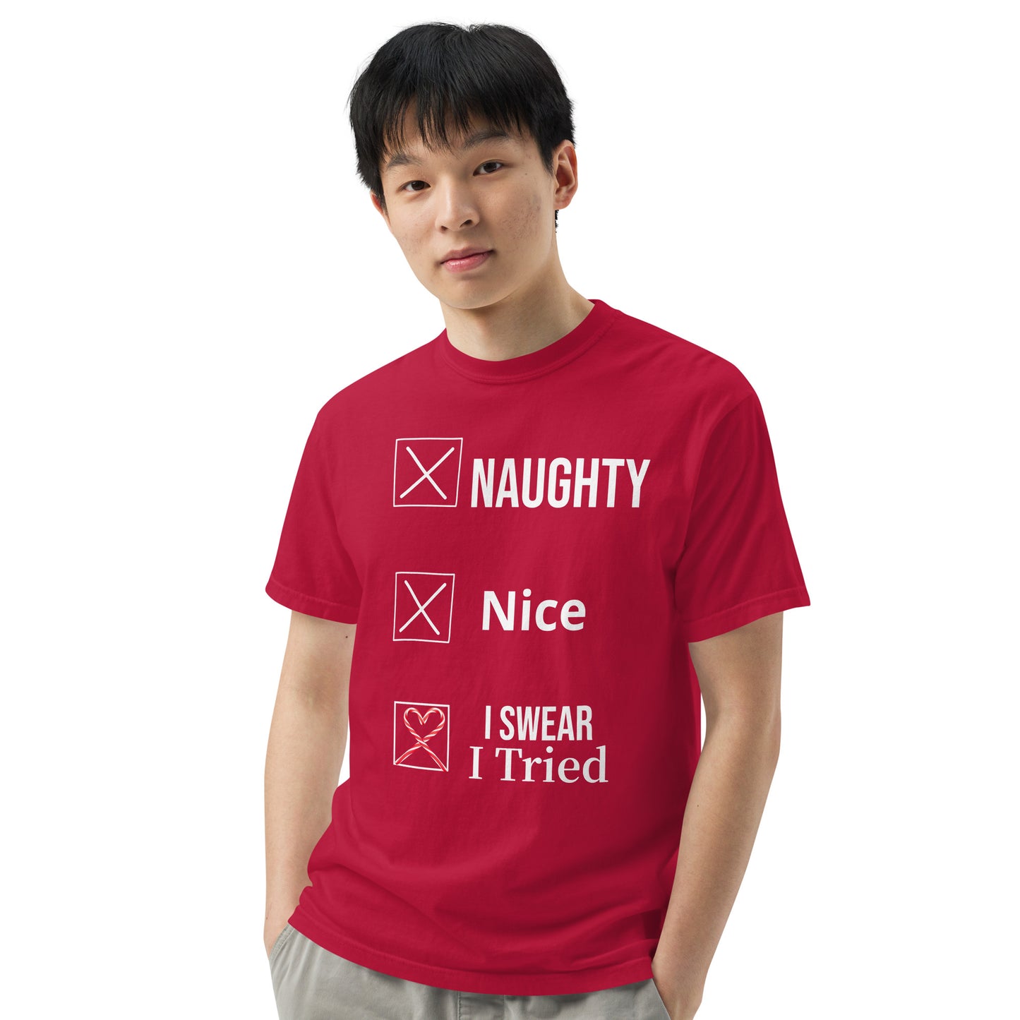 Naughty or Nice Men’s garment-dyed heavyweight t-shirt